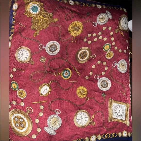 Vintage Style Red Scarf with Clock Print - Picture 1 of 1